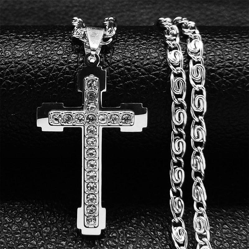 Attractive Catholic Cross Amulet CZ Crystal Gold Color Stainless Steel Pendant Chain Necklace - Christian Jewellery - The Jewellery Supermarket