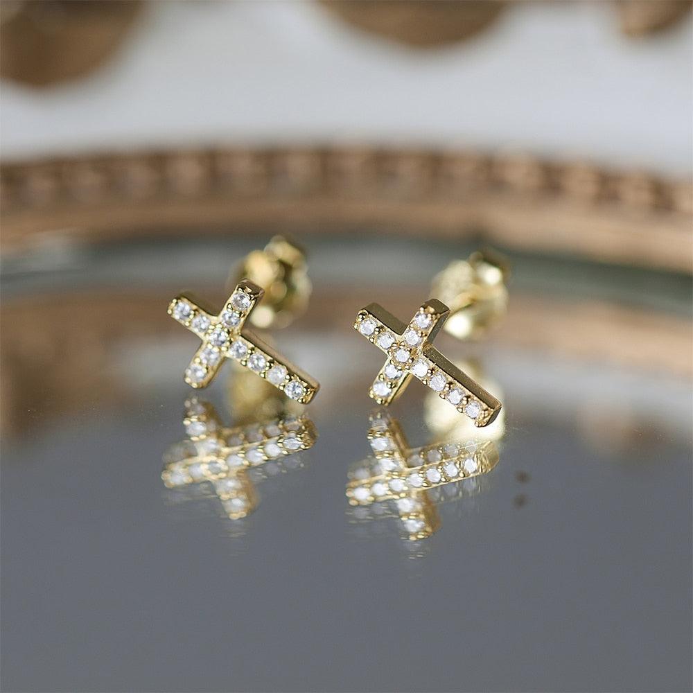 Minimalist Sterling Silver CZ Zircon Crystals Stud Earrings - Geometric Cross Gold Silver Colour Fashion Jewellery - The Jewellery Supermarket
