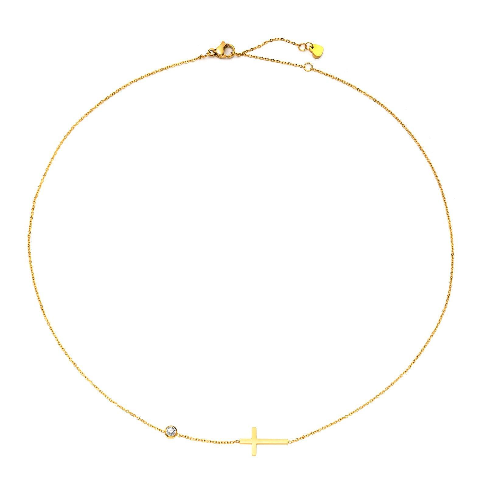 Delicate Petite Sideway Cross CZ Crystal Stainless Steel Thin Chain Link Necklace Pendants - Christian Jewellery - The Jewellery Supermarket