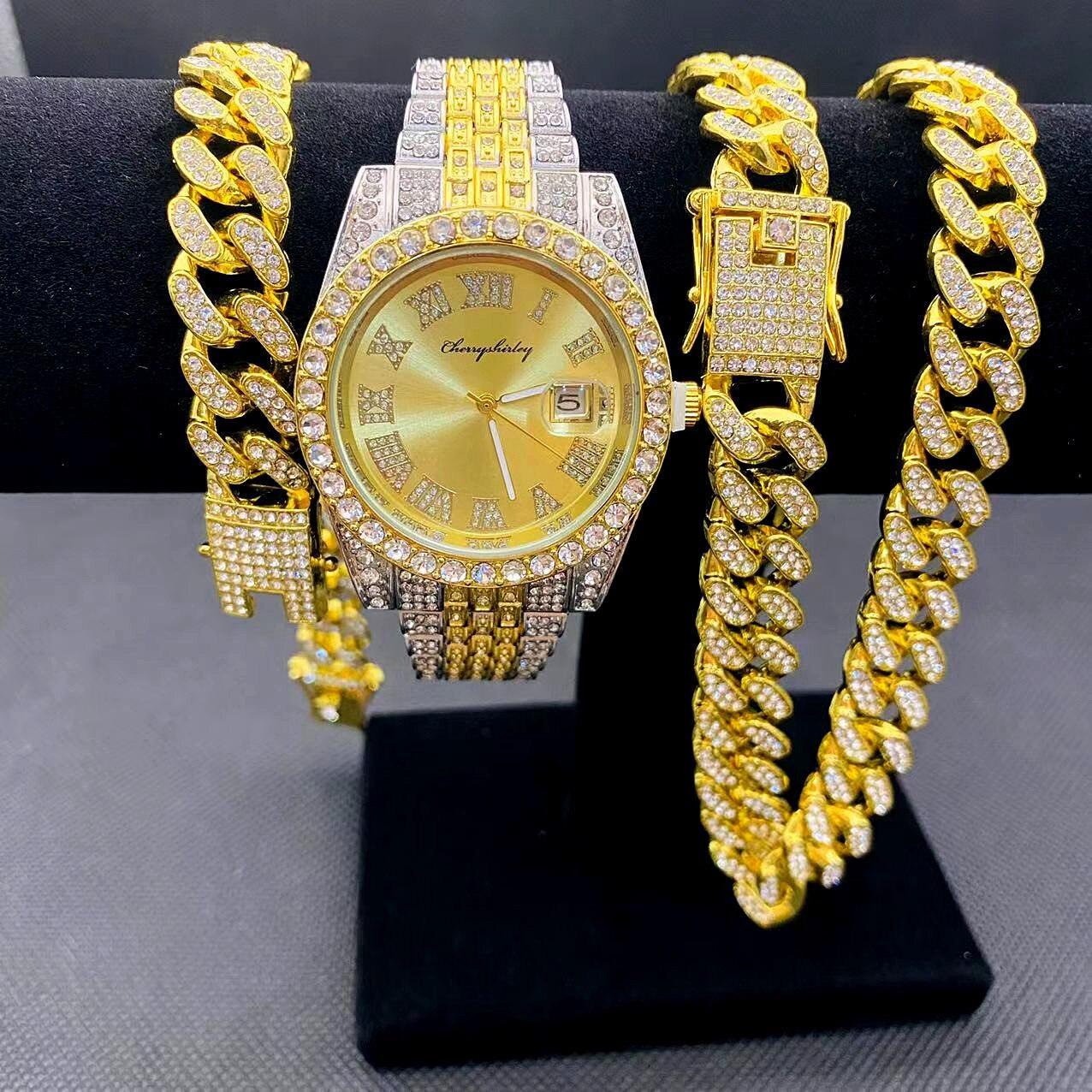 Full Iced Out Cuban Link Chain Bracelet Necklace Bling Jewellery for Men - Big Gold Colur Chains Hip Hop Watch Set - The Jewellery Supermarket