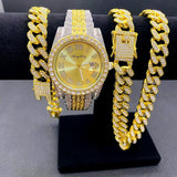 Full Iced Out Cuban Link Chain Bracelet Necklace Bling Jewellery for Men - Big Gold Colur Chains Hip Hop Watch Set - The Jewellery Supermarket