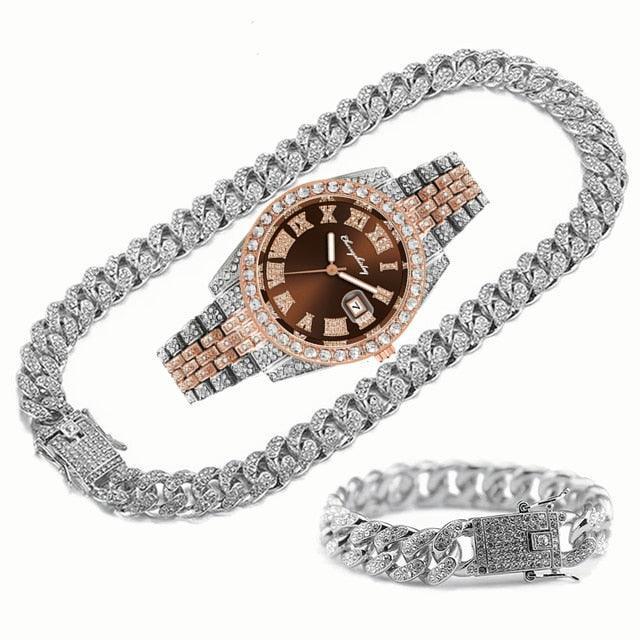 Full Iced Out Cuban Link Chain Bracelet Necklace Bling Jewellery for Men - Big Gold Colur Chains Hip Hop Watch Set - The Jewellery Supermarket