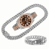 Full Iced Out Cuban Link Chain Bracelet Necklace Bling Jewellery for Men - Big Gold Colur Chains Hip Hop Watch Set - The Jewellery Supermarket