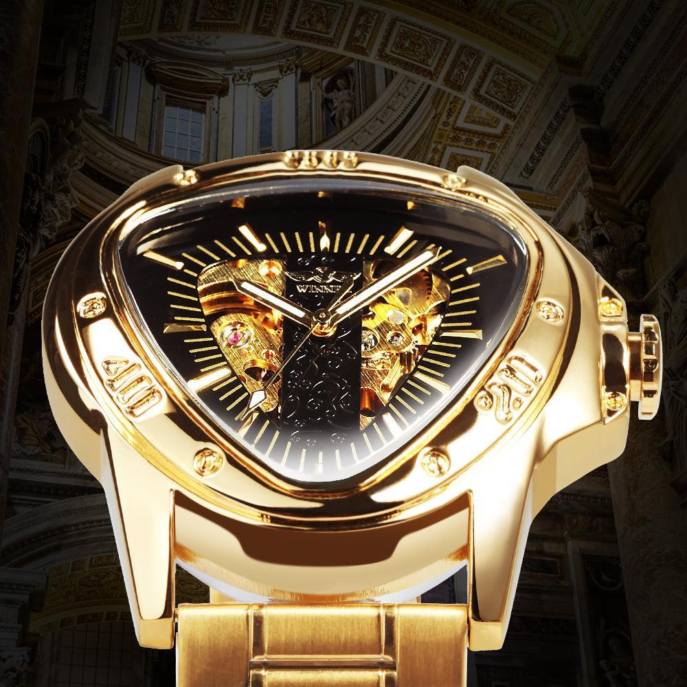 NEW - Men Golden Triangle Skeleton Mechanical Automatic Sport Watch - The Jewellery Supermarket