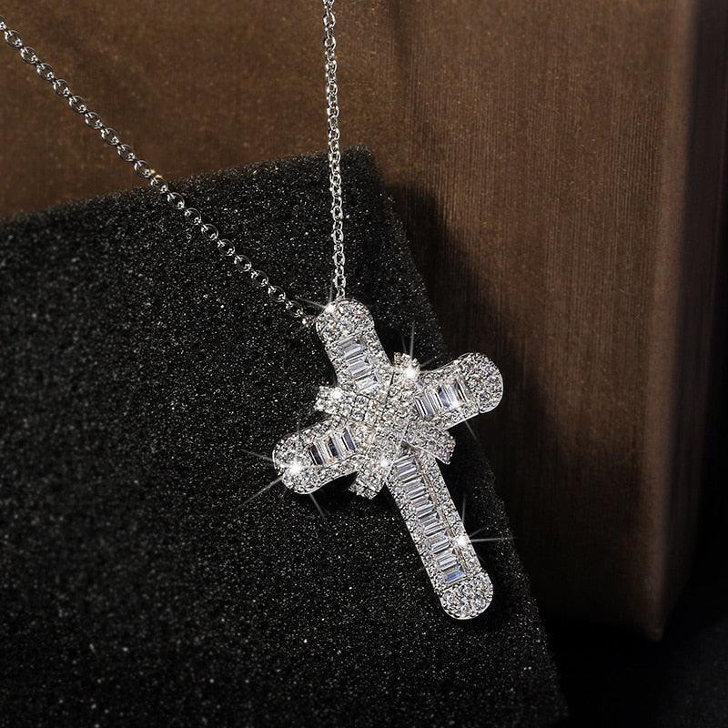 Charming Silver Colour Luxury Women White Crystal Pendant Necklace - Cute Cross Religious Necklace - The Jewellery Supermarket