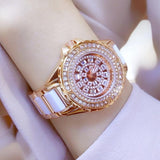 Full Simulated Diamonds Gold Colour Bracelet Ceramic Strap Waterproof Quartz Luxury Brand Women Watches - The Jewellery Supermarket