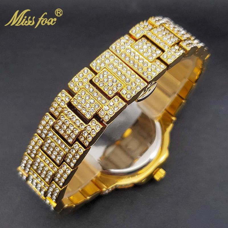 Outstanding Simulated Diamonds Iced Out Hip Hop Stylish Quartz Double Dial Heavy Gold Colour Watch For Men - The Jewellery Supermarket