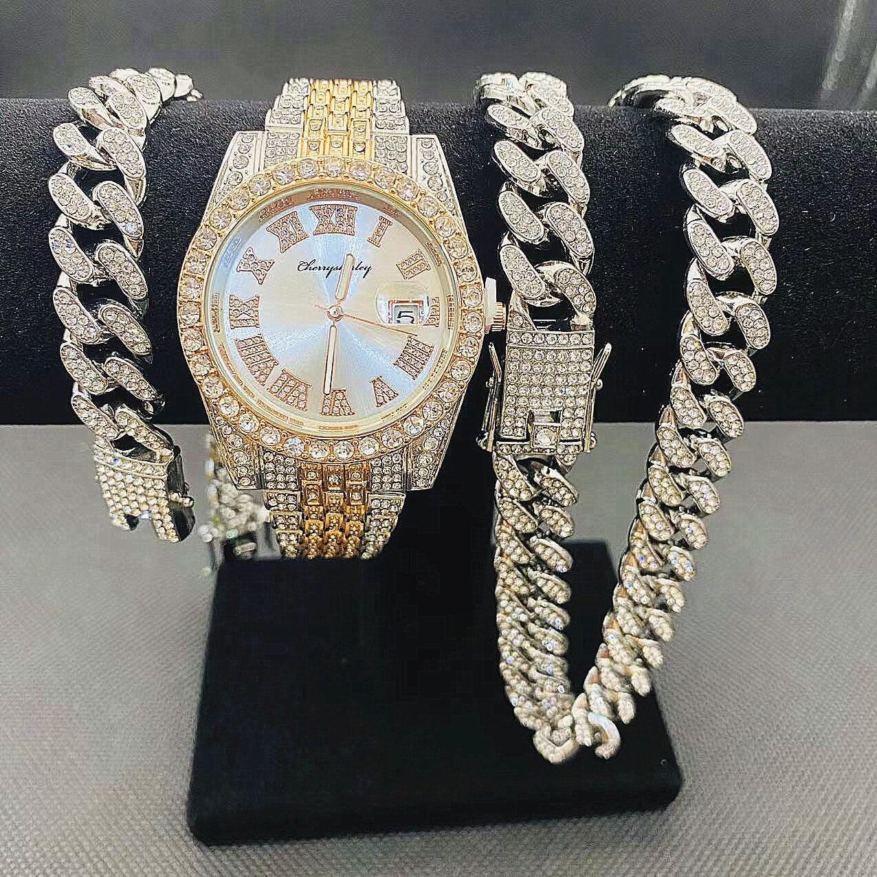 Full Iced Out Cuban Link Chain Bracelet Necklace Bling Jewellery for Men - Big Gold Colur Chains Hip Hop Watch Set - The Jewellery Supermarket