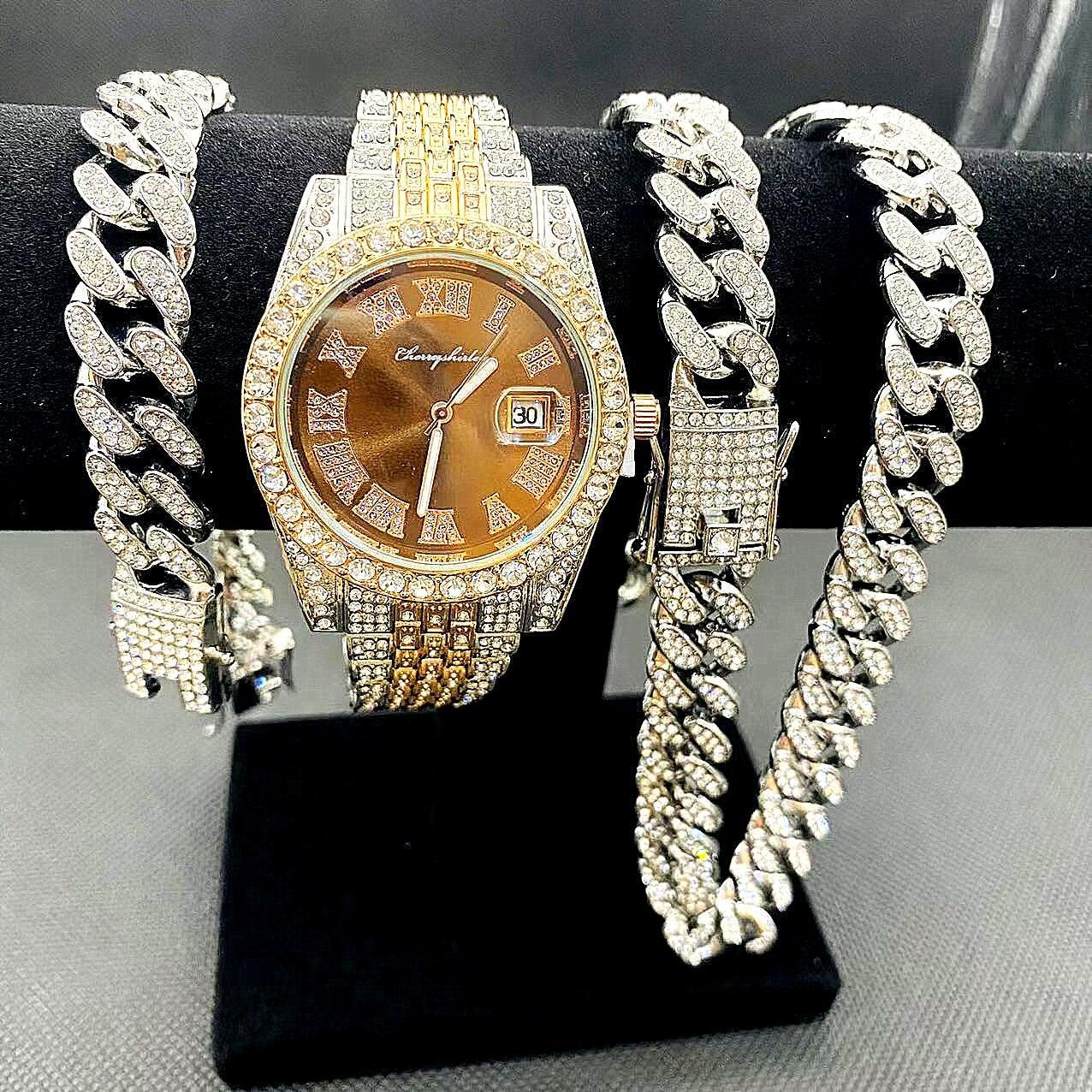 Full Iced Out Cuban Link Chain Bracelet Necklace Bling Jewellery for Men - Big Gold Colur Chains Hip Hop Watch Set - The Jewellery Supermarket