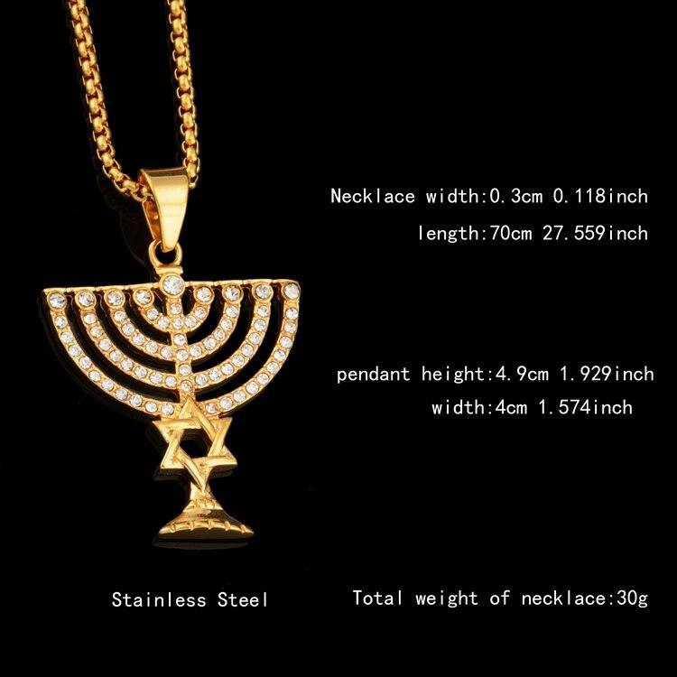 NEW Israel Menorah Happy Hanukkah Golden Stainless Steel Star Of David Pendant - The Jewellery Supermarket