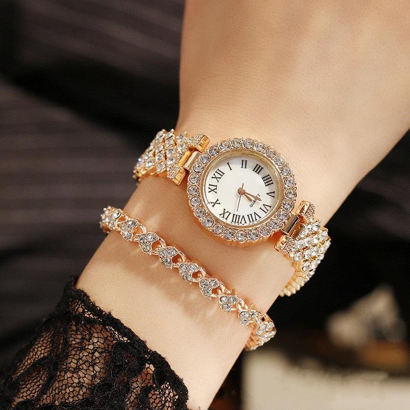Best Selling Luxury Blig Fashion Brand Simulated Diamonds Steel Band Watch Bracelet Set - Ideal Gifts - The Jewellery Supermarket