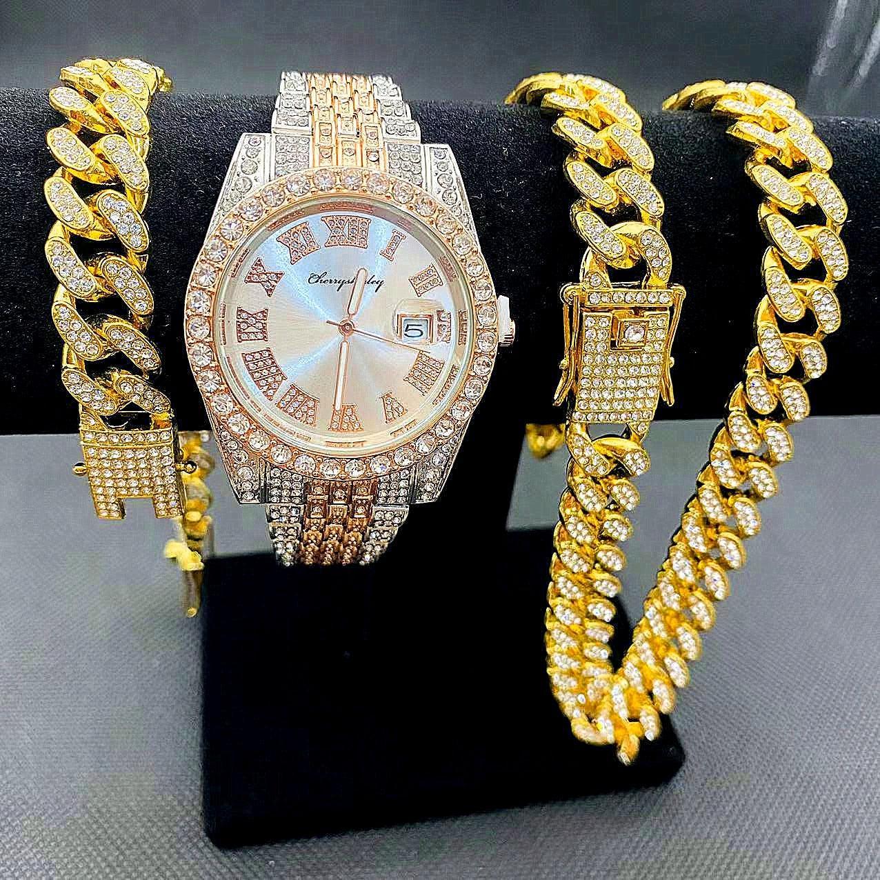 Full Iced Out Cuban Link Chain Bracelet Necklace Bling Jewellery for Men - Big Gold Colur Chains Hip Hop Watch Set - The Jewellery Supermarket