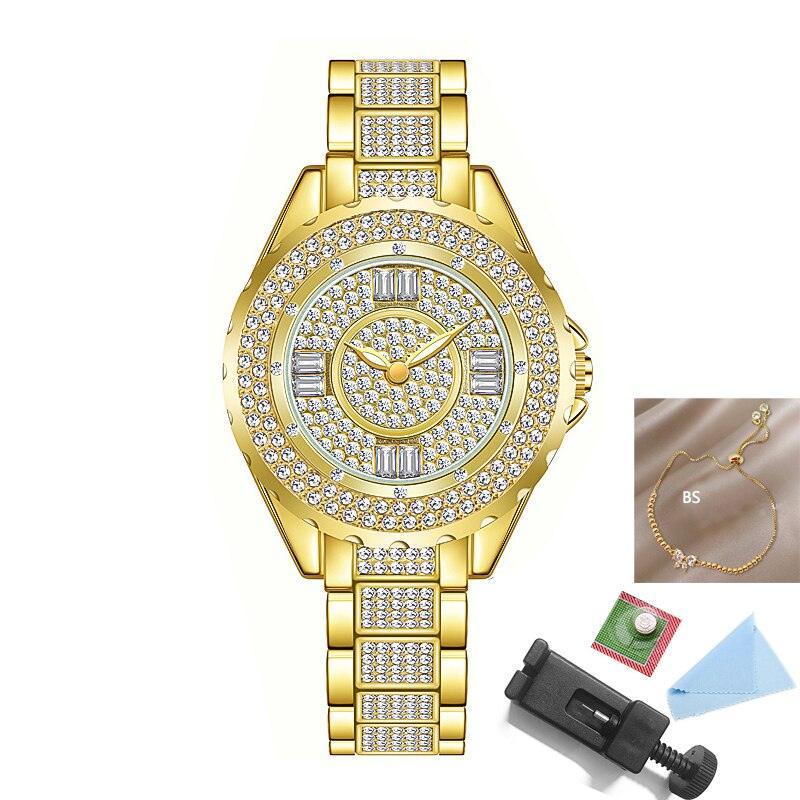 Fashion Bling Simulated Diamonds Gold Rose Gold Silver Original Elegant Ladies Watch With Bracelet Set - Ideal Gift - The Jewellery Supermarket
