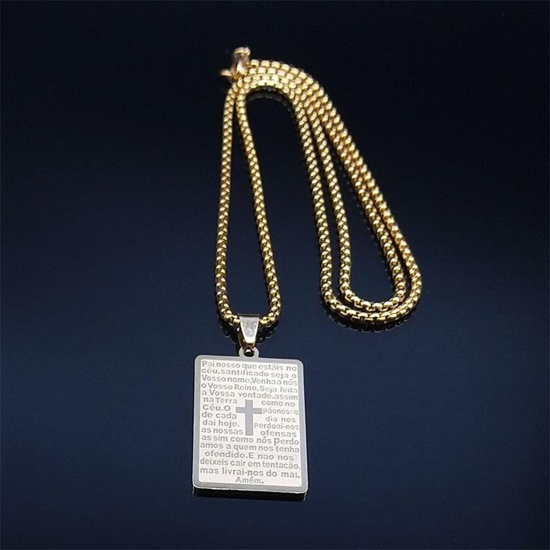Christian Cross Bible Verse Prayer Necklace - Stainless Steel Portuguese Religious Necklaces - The Jewellery Supermarket