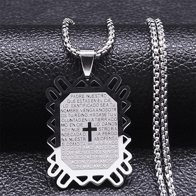 Bible Verse Projection Cross Necklace Stainless Steel Spanish Lord's Prayer Religious Chain Necklaces - The Jewellery Supermarket