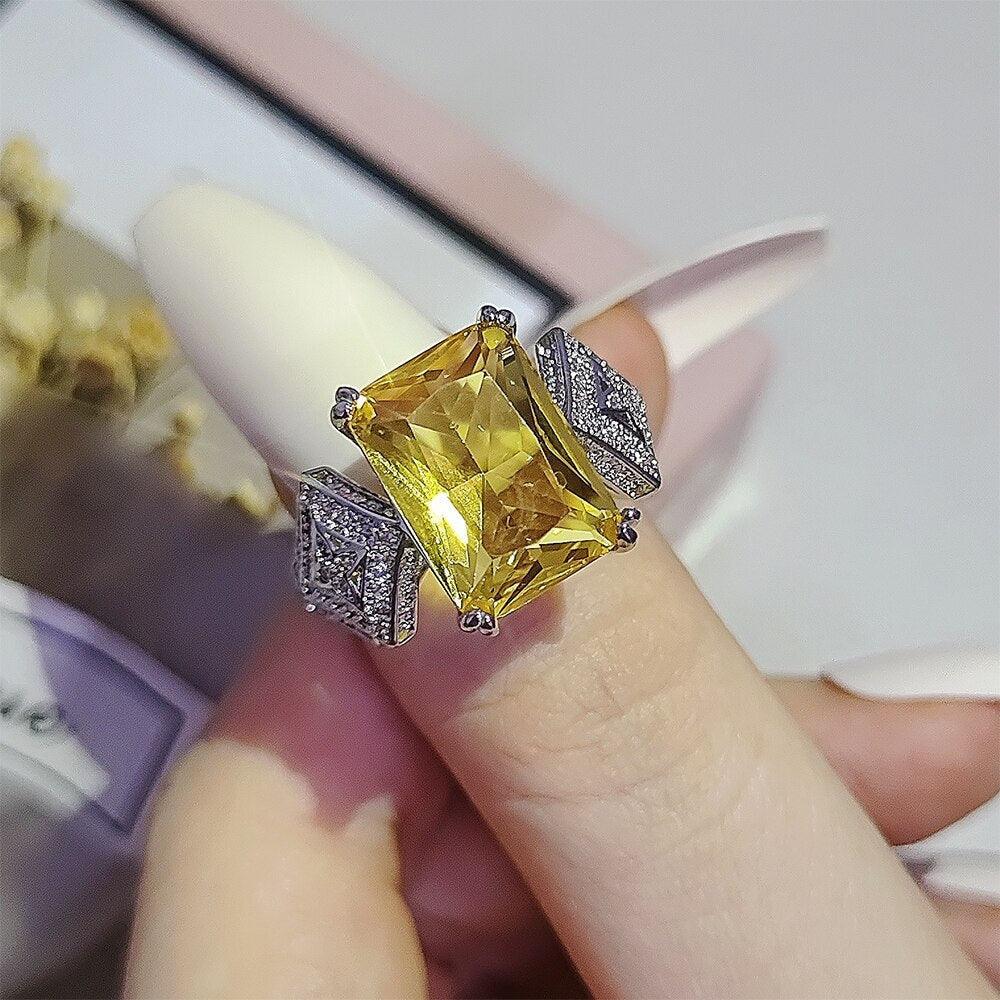New Arrival Luxury Yellow Color Rectangle Cut AAA+ Quality CZ Diamonds Fashion Ring - The Jewellery Supermarket