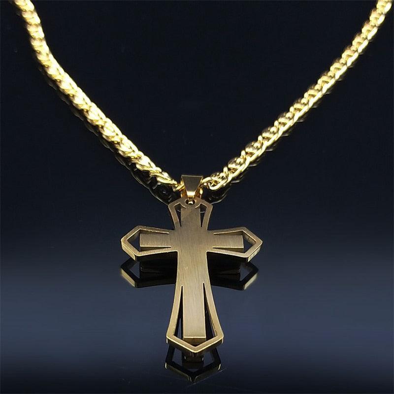 Attractive Catholic Cross Amulet CZ Crystal Gold Color Stainless Steel Pendant Chain Necklace - Christian Jewellery - The Jewellery Supermarket