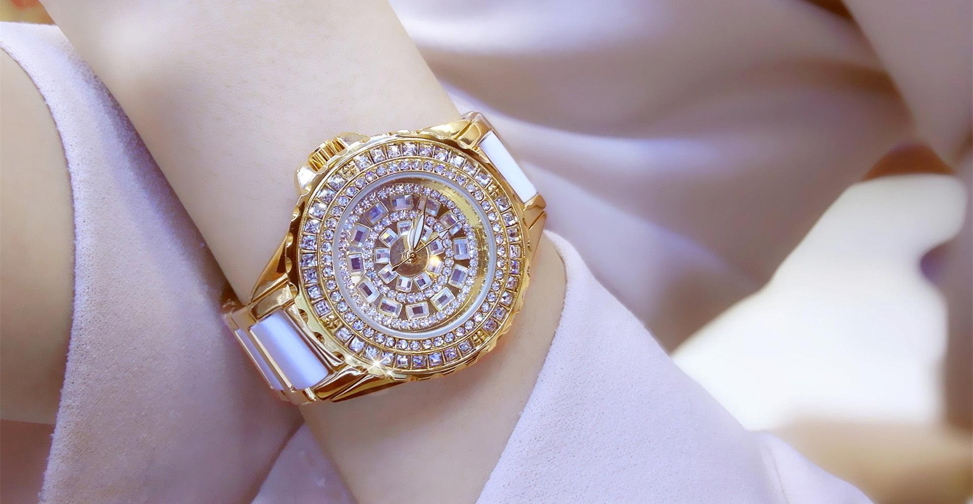 Full Simulated Diamonds Gold Colour Bracelet Ceramic Strap Waterproof Quartz Luxury Brand Women Watches - The Jewellery Supermarket