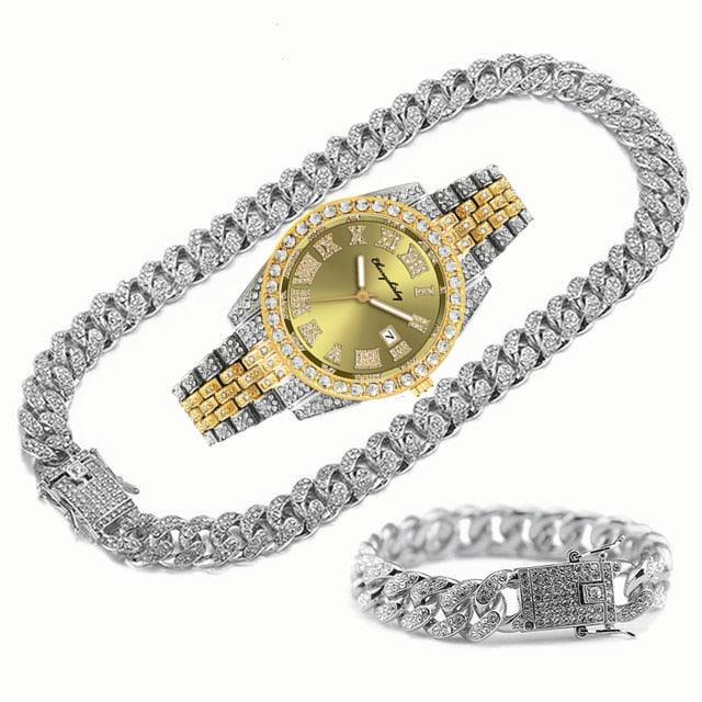 Full Iced Out Cuban Link Chain Bracelet Necklace Bling Jewellery for Men - Big Gold Colur Chains Hip Hop Watch Set - The Jewellery Supermarket