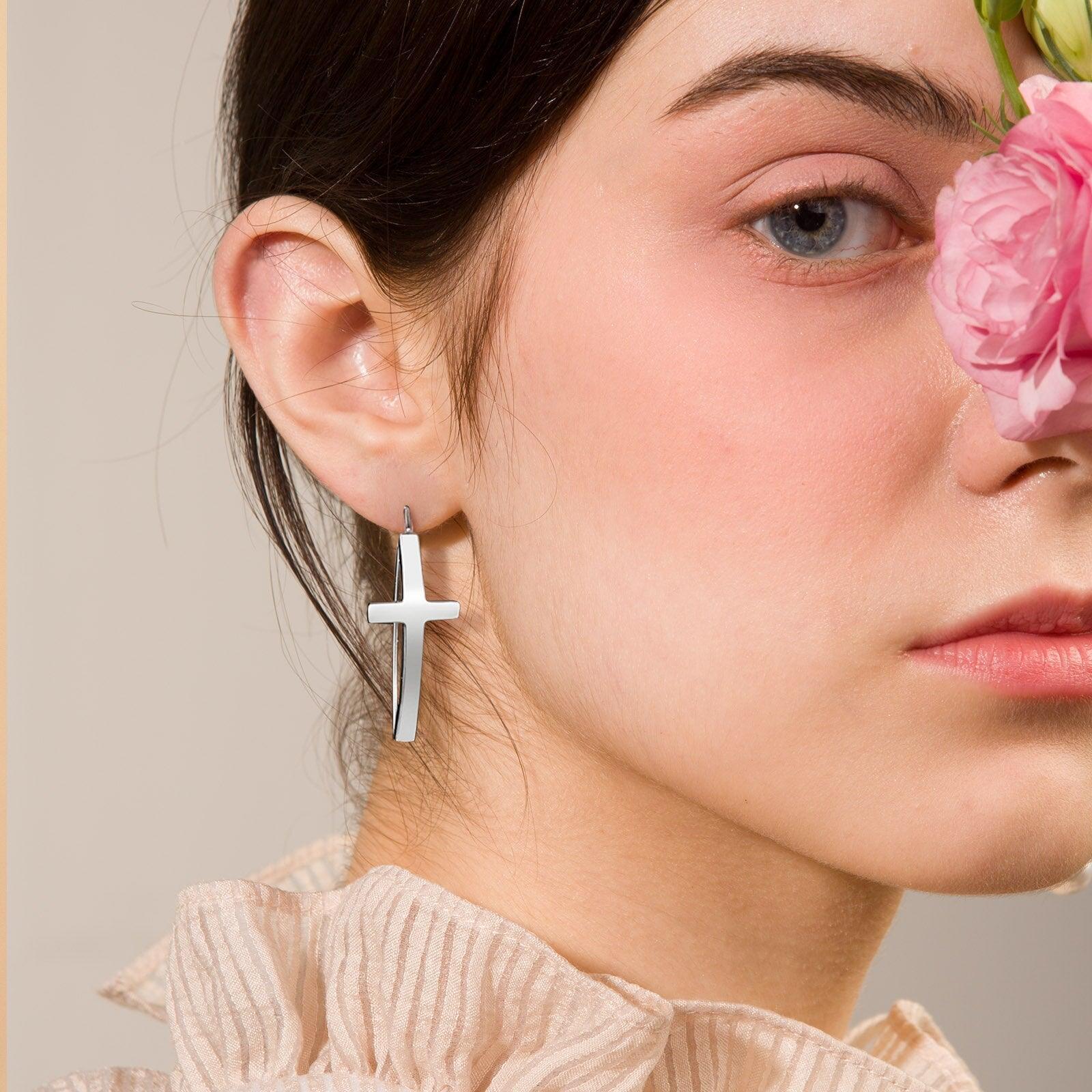 Cross Fish Hoop Earrings, Stainless Steel Cruz Earring Dangle ,Simple Wire Thread Minimalist Christian Jewellery - The Jewellery Supermarket