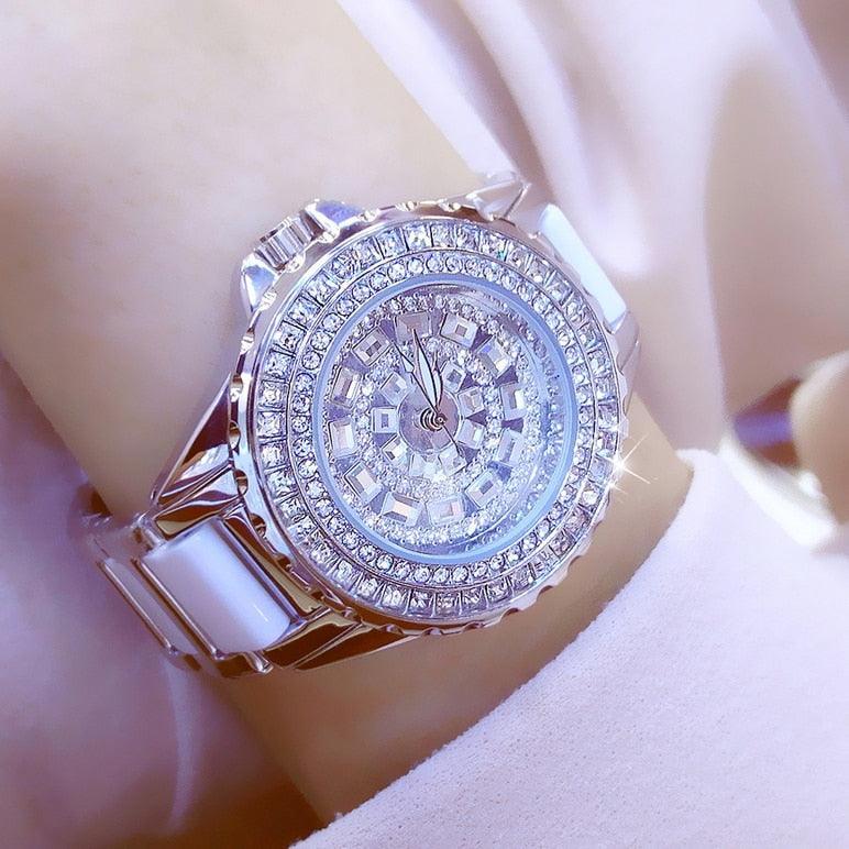 Full Simulated Diamonds Gold Colour Bracelet Ceramic Strap Waterproof Quartz Luxury Brand Women Watches - The Jewellery Supermarket