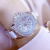 Full Simulated Diamonds Gold Colour Bracelet Ceramic Strap Waterproof Quartz Luxury Brand Women Watches - The Jewellery Supermarket