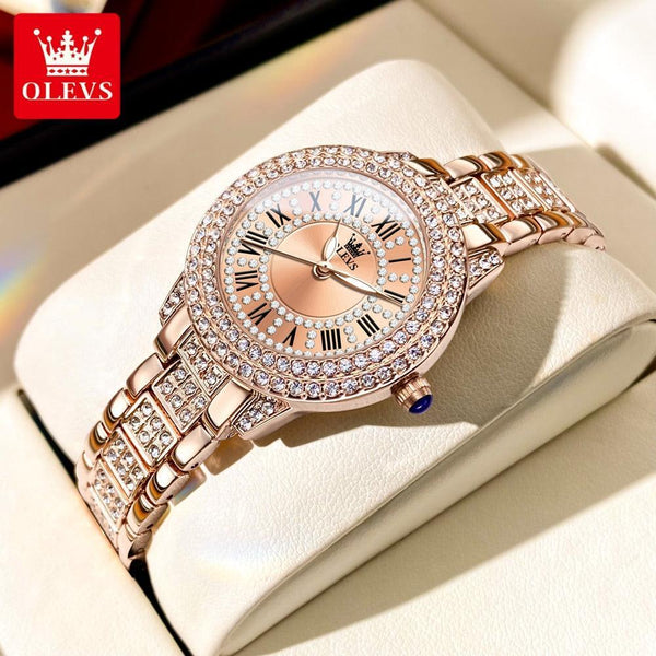 Top Brand Luxury Bling Fashion Simulated Diamonds Stainless steel Strap Rose Gold Colour Quartz Ladies Watch The Jewellery Supermarket