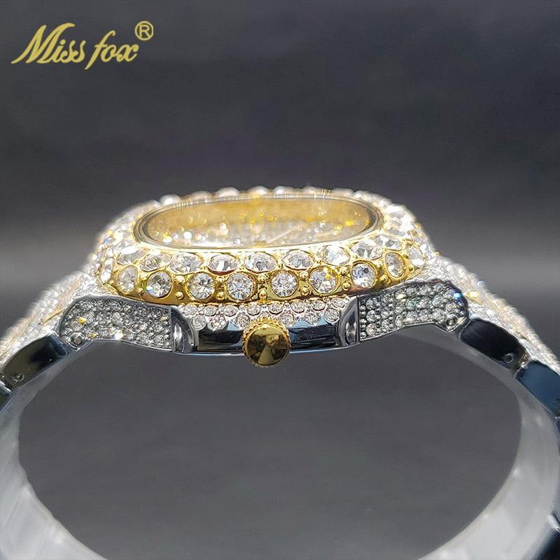 Outstanding Simulated Diamonds Iced Out Hip Hop Stylish Quartz Double Dial Heavy Gold Colour Watch For Men - The Jewellery Supermarket