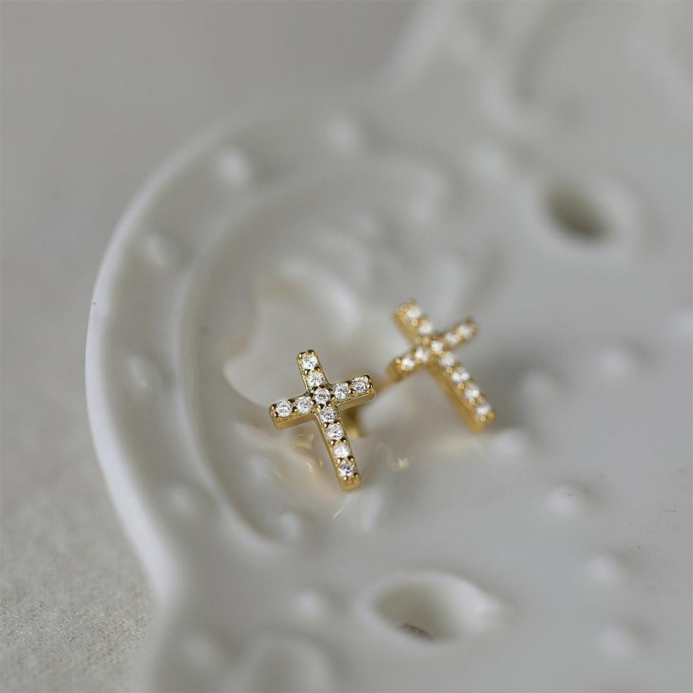 Minimalist Sterling Silver CZ Zircon Crystals Stud Earrings - Geometric Cross Gold Silver Colour Fashion Jewellery - The Jewellery Supermarket