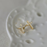 Minimalist Sterling Silver CZ Zircon Crystals Stud Earrings - Geometric Cross Gold Silver Colour Fashion Jewellery - The Jewellery Supermarket