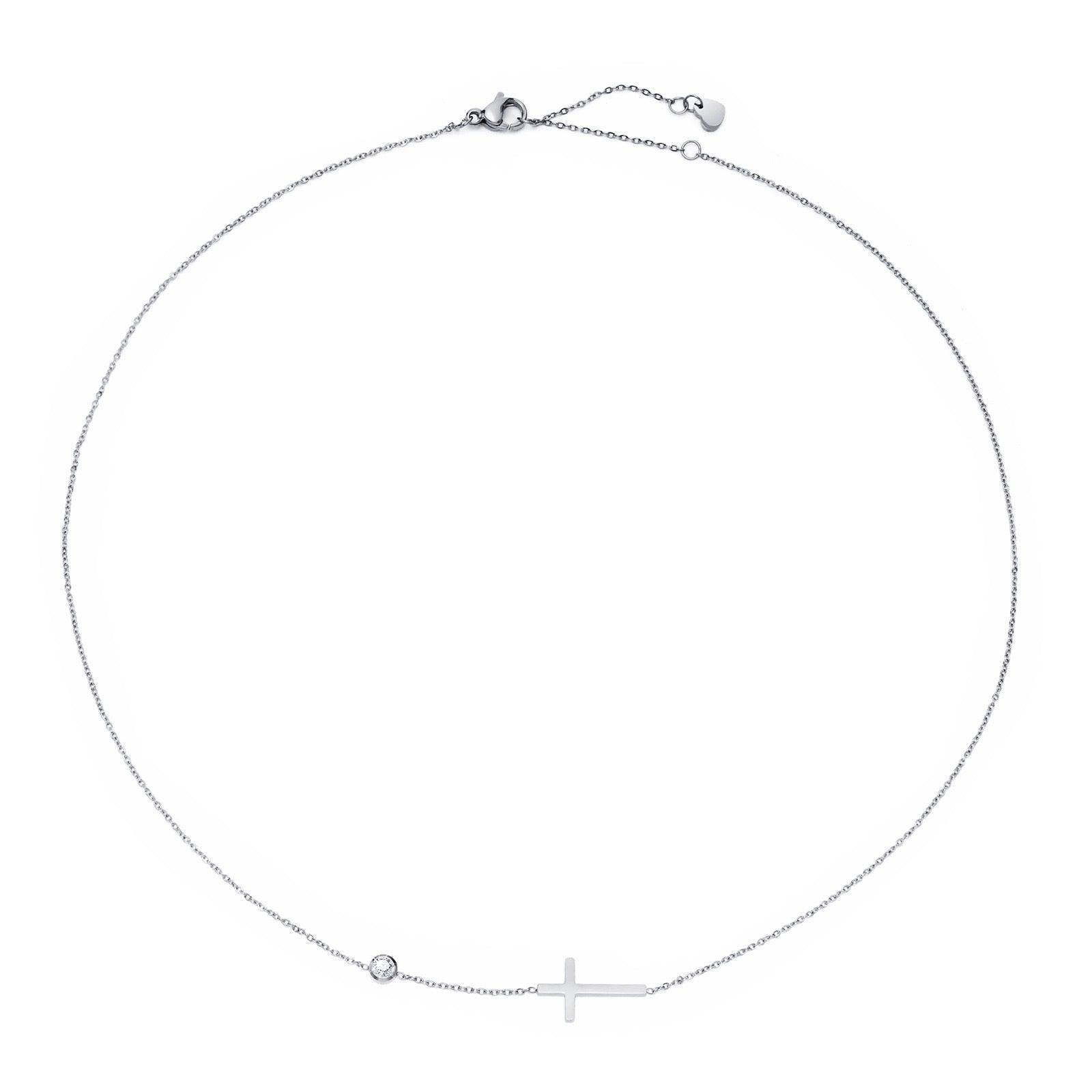 Delicate Petite Sideway Cross CZ Crystal Stainless Steel Thin Chain Link Necklace Pendants - Christian Jewellery - The Jewellery Supermarket