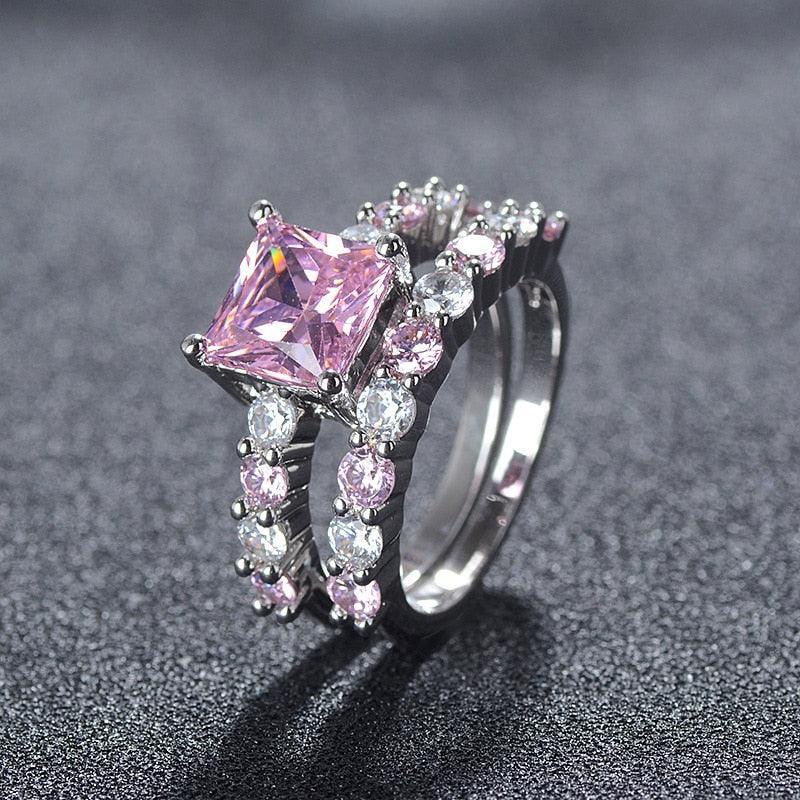 Adorable Luxury Pink AAA+ Cubic Zirconia Princess Cut Ring Set - The Jewellery Supermarket