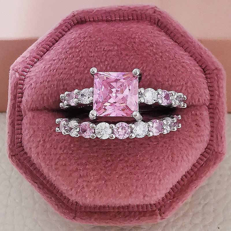 Adorable Luxury Pink AAA+ Cubic Zirconia Princess Cut Ring Set - The Jewellery Supermarket