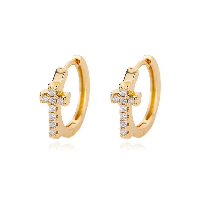 CZ Zircon Crystals Cross Hoop Stainless Steel Small Geometric Round Earrings For Women - Religious Jewellery - The Jewellery Supermarket