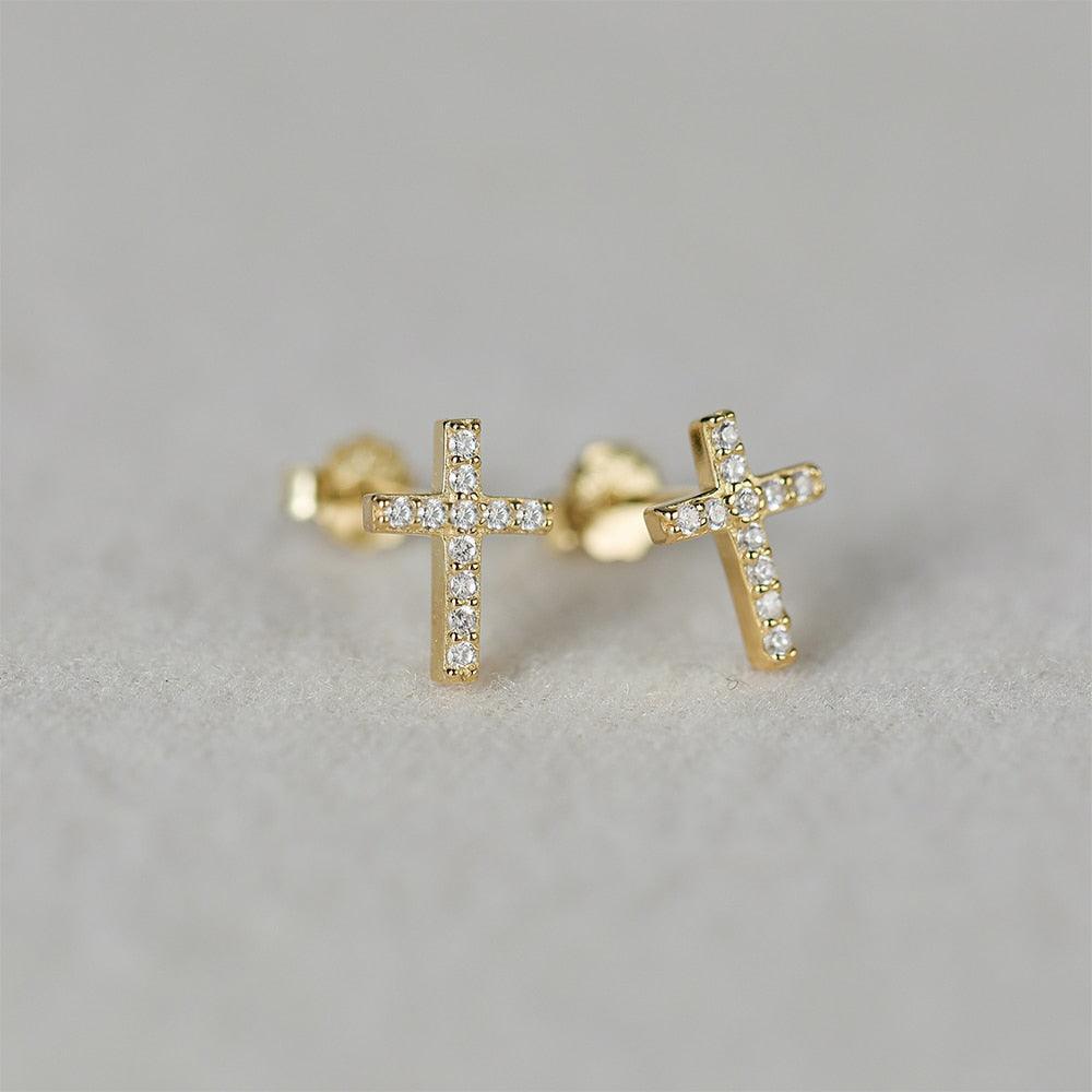 Minimalist Sterling Silver CZ Zircon Crystals Stud Earrings - Geometric Cross Gold Silver Colour Fashion Jewellery - The Jewellery Supermarket