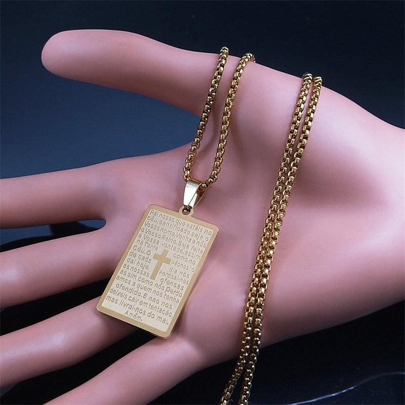 Christian Cross Bible Verse Prayer Necklace - Stainless Steel Portuguese Religious Necklaces - The Jewellery Supermarket