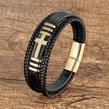 Classic Jesus Cross Charm Cubic Zirconia Black Woven Leather Rope Chain Bracelets For Men Women - The Jewellery Supermarket