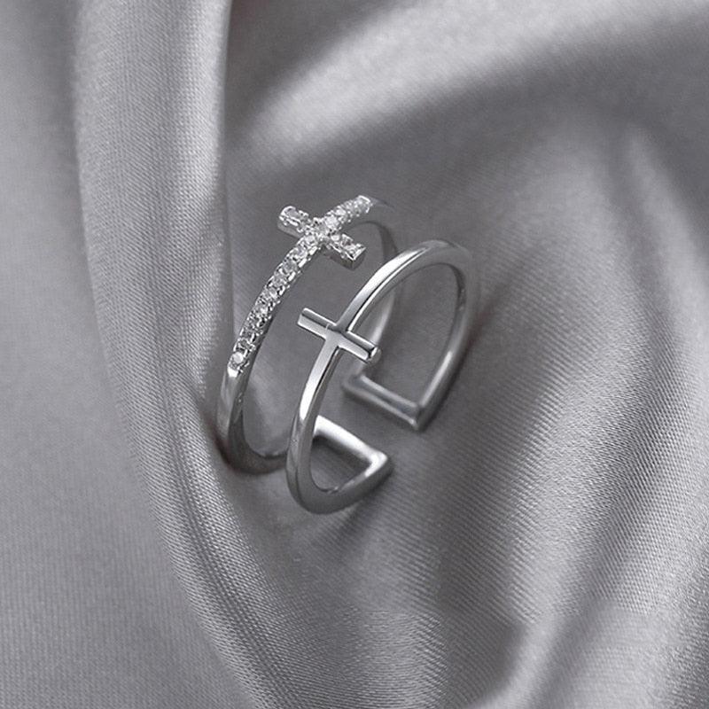 Elegant Silver Color Double Cross Flashing AAA Zircon Crytals Open Rings for Women - Christian Fashion Jewellery - The Jewellery Supermarket