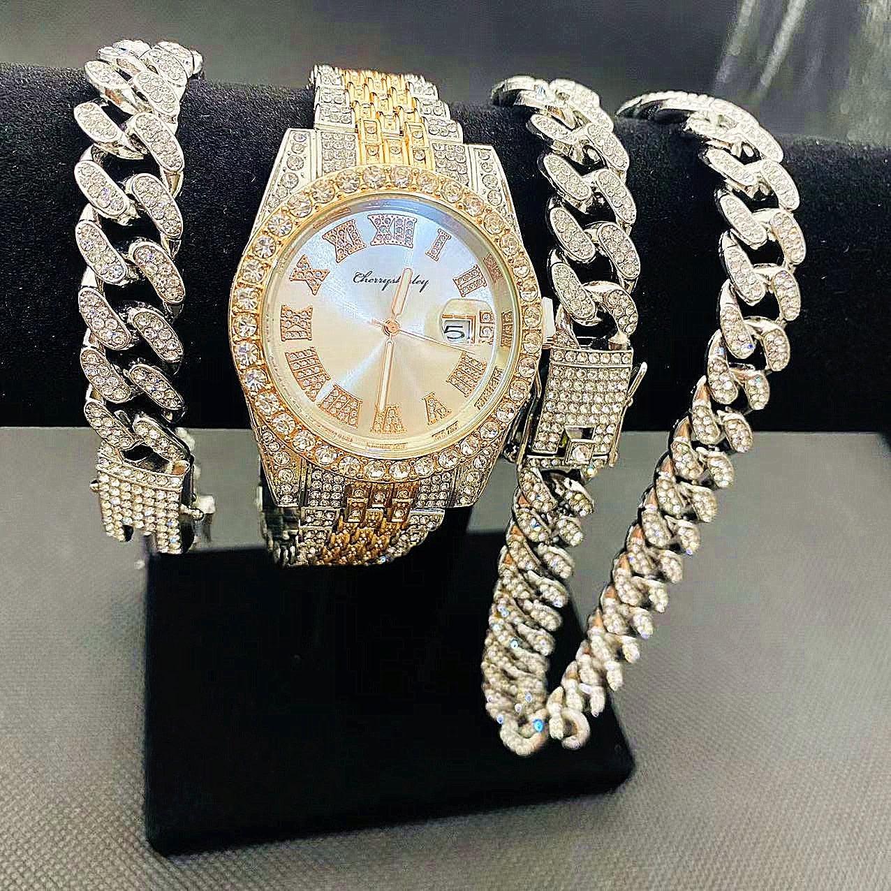 Full Iced Out Cuban Link Chain Bracelet Necklace Bling Jewellery for Men - Big Gold Colur Chains Hip Hop Watch Set - The Jewellery Supermarket