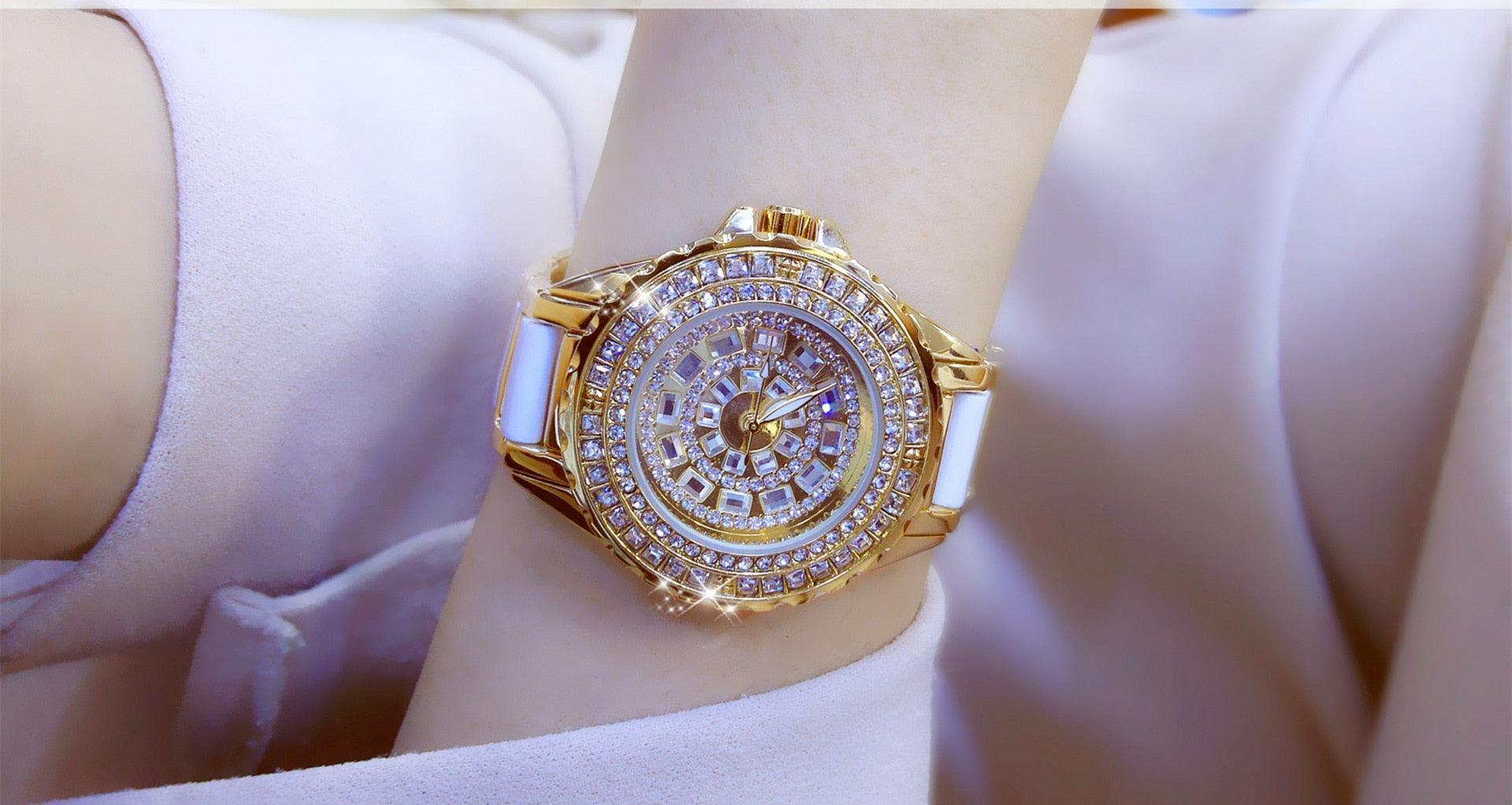 Full Simulated Diamonds Gold Colour Bracelet Ceramic Strap Waterproof Quartz Luxury Brand Women Watches - The Jewellery Supermarket
