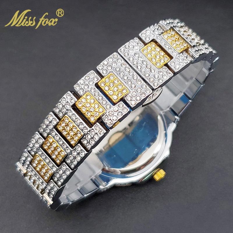 Outstanding Simulated Diamonds Iced Out Hip Hop Stylish Quartz Double Dial Heavy Gold Colour Watch For Men - The Jewellery Supermarket