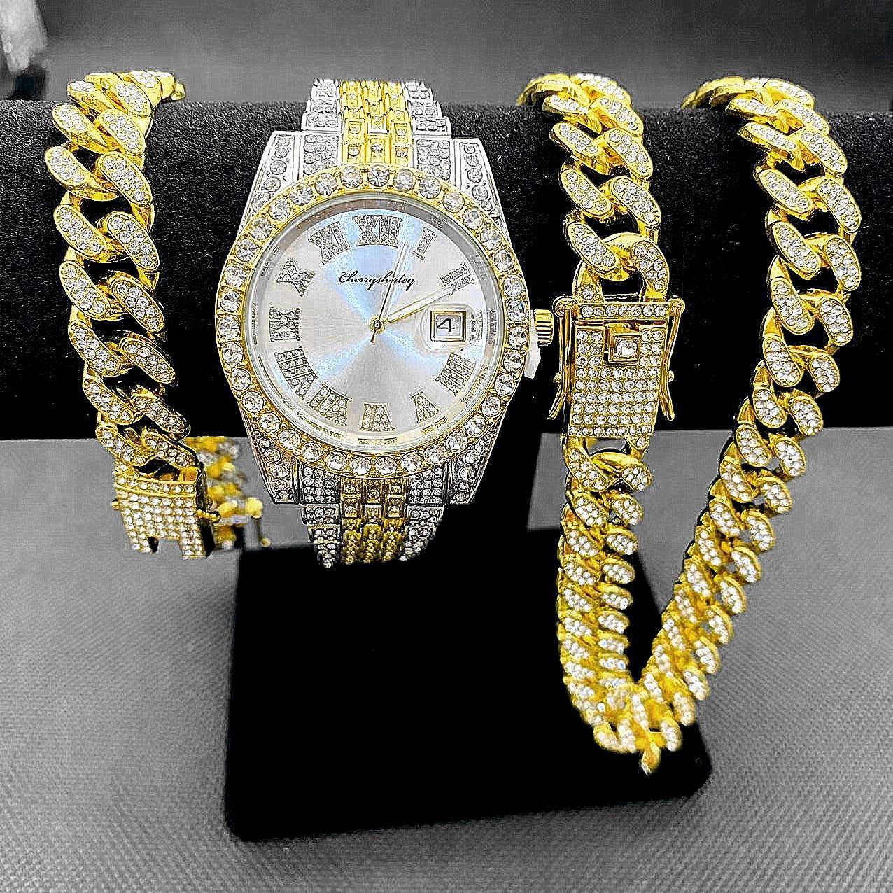 Full Iced Out Cuban Link Chain Bracelet Necklace Bling Jewellery for Men - Big Gold Colur Chains Hip Hop Watch Set - The Jewellery Supermarket