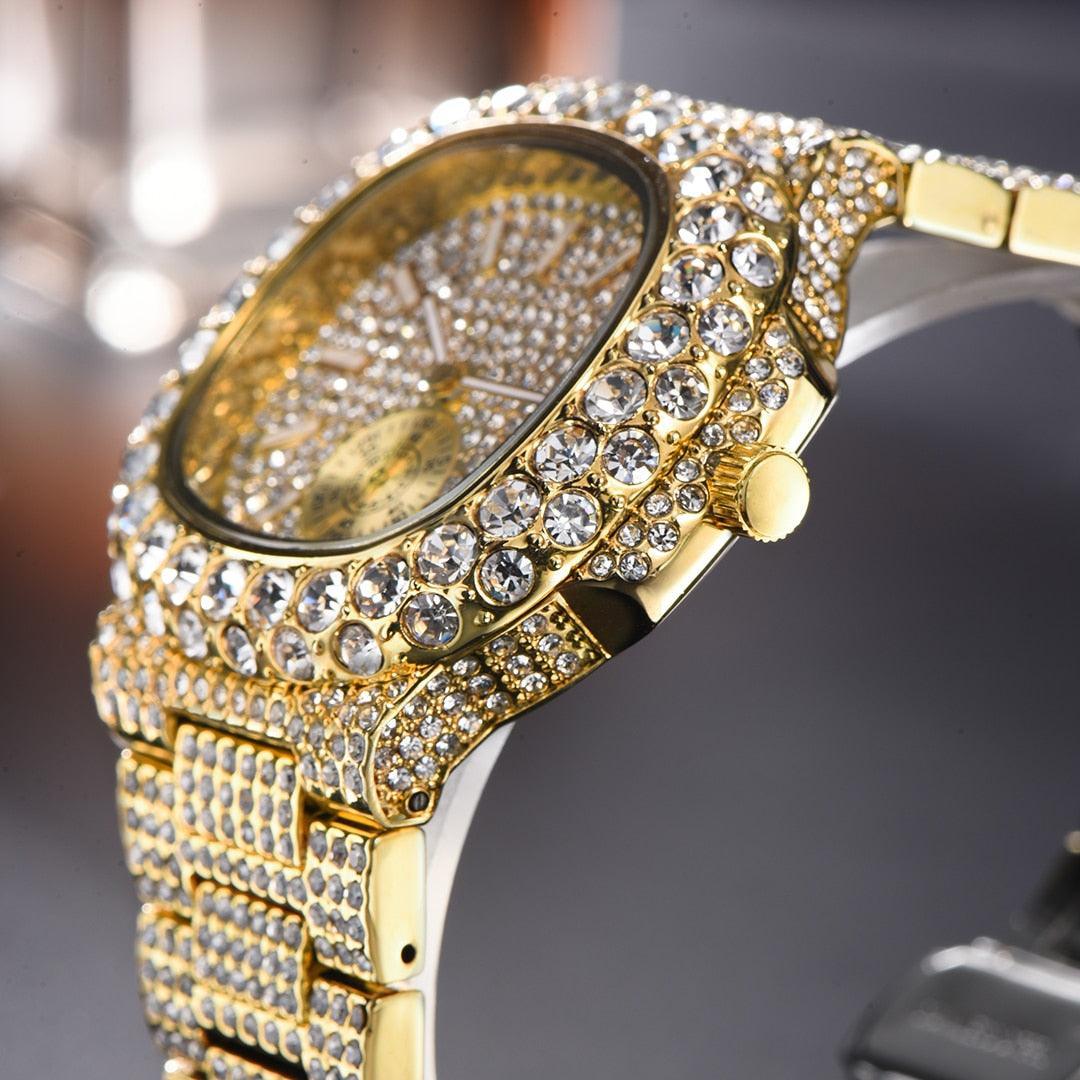 Outstanding Simulated Diamonds Iced Out Hip Hop Stylish Quartz Double Dial Heavy Gold Colour Watch For Men - The Jewellery Supermarket