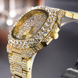 Outstanding Simulated Diamonds Iced Out Hip Hop Stylish Quartz Double Dial Heavy Gold Colour Watch For Men - The Jewellery Supermarket