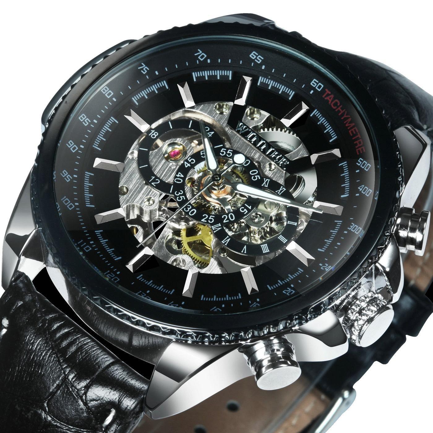 NEW - Luxury Men Silver Gold Skeleton Automatic Mechanical Wrist Military Watch - The Jewellery Supermarket