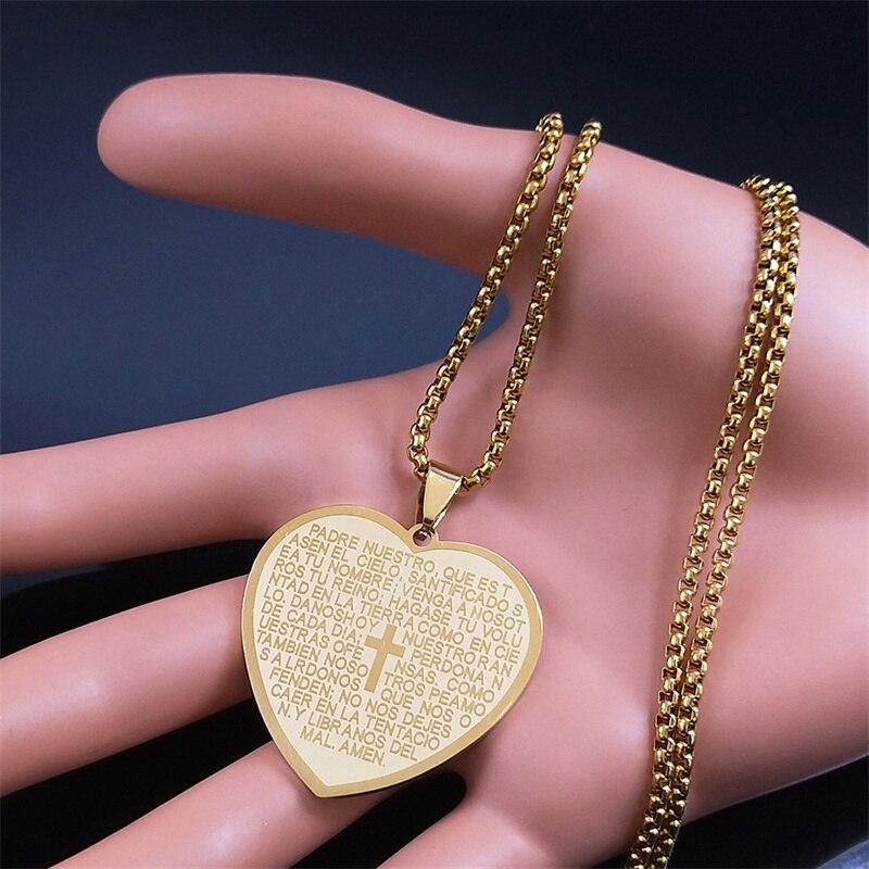 Bible Verse Projection Cross Necklace Stainless Steel Spanish Lord's Prayer Religious Chain Necklaces - The Jewellery Supermarket