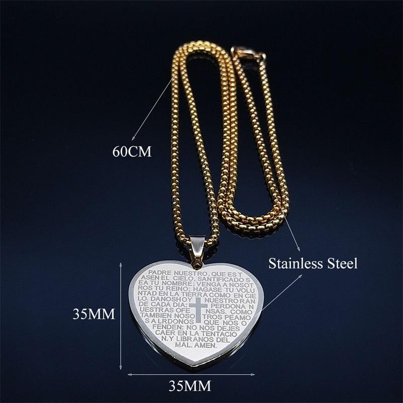Bible Verse Projection Cross Necklace Stainless Steel Spanish Lord's Prayer Religious Chain Necklaces - The Jewellery Supermarket