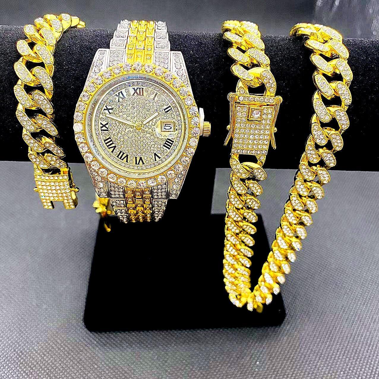 Full Iced Out Cuban Link Chain Bracelet Necklace Bling Jewellery for Men - Big Gold Colur Chains Hip Hop Watch Set - The Jewellery Supermarket