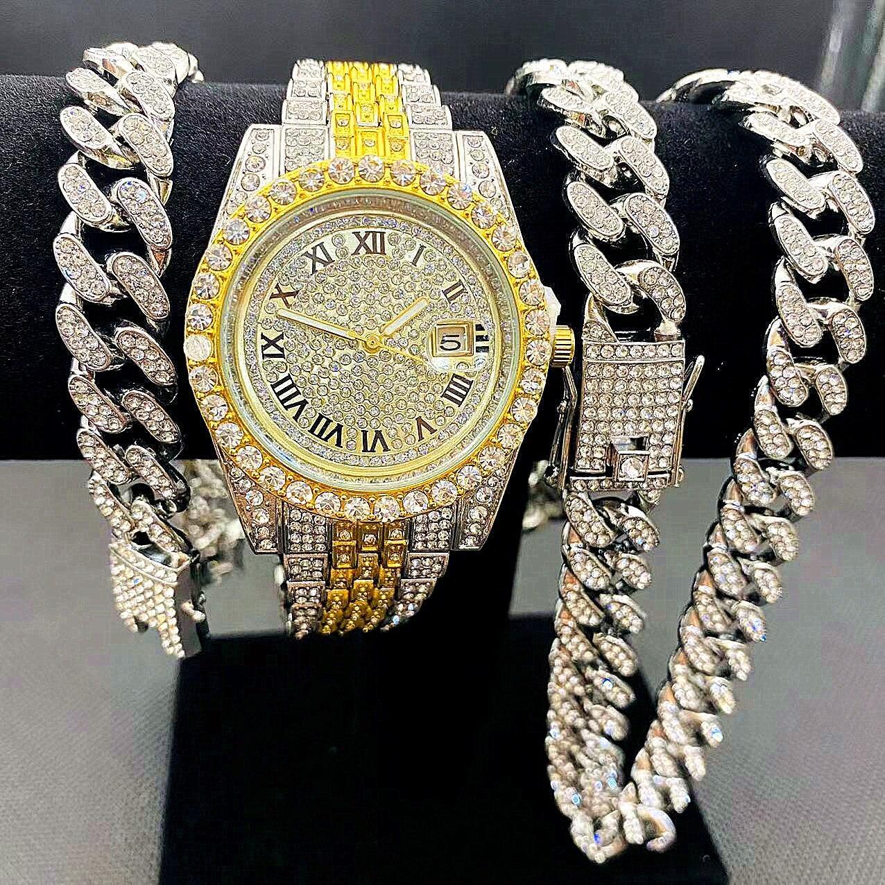 Full Iced Out Cuban Link Chain Bracelet Necklace Bling Jewellery for Men - Big Gold Colur Chains Hip Hop Watch Set - The Jewellery Supermarket