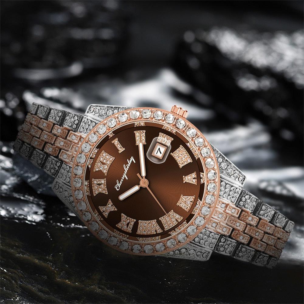 Full Iced Out Cuban Link Chain Bracelet Necklace Bling Jewellery for Men - Big Gold Colur Chains Hip Hop Watch Set - The Jewellery Supermarket